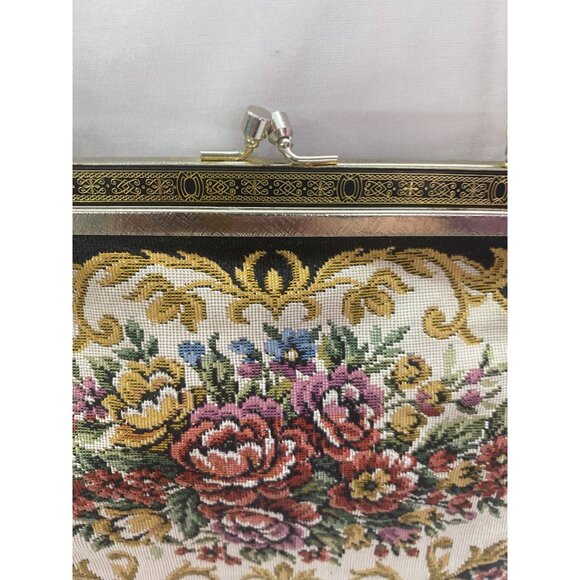 Vintage Tapestry Kiss lock Black Rose Floral Purse with Gold Chain Link - Picture 3 of 6
